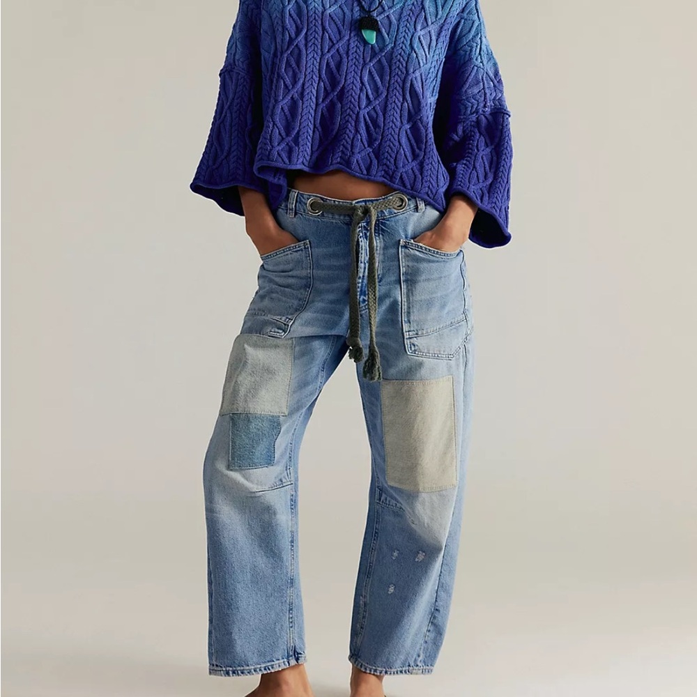 We The Free Blue and Gray Patchwork Boyfriend Jeans